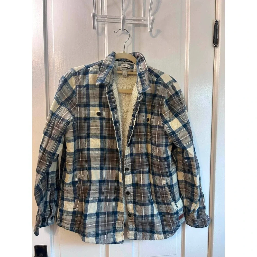 L.L. Bean Flannel Shirt Jacket Mens M Blue Cream Excellent Sherpa Lined Plaid